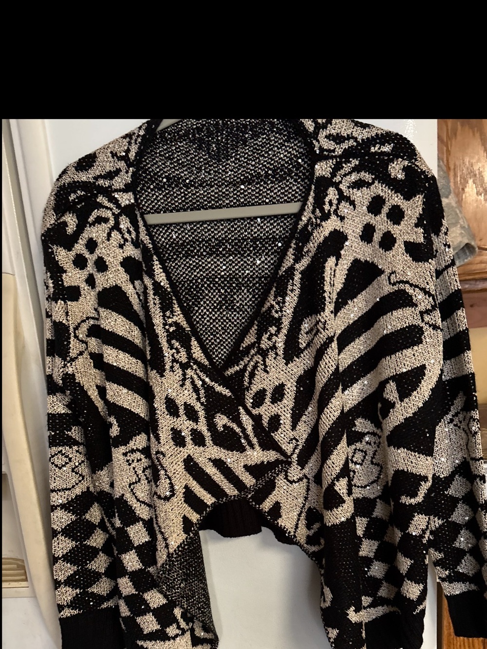 Black and Cream Open-Front Patterned Women's Cardigan